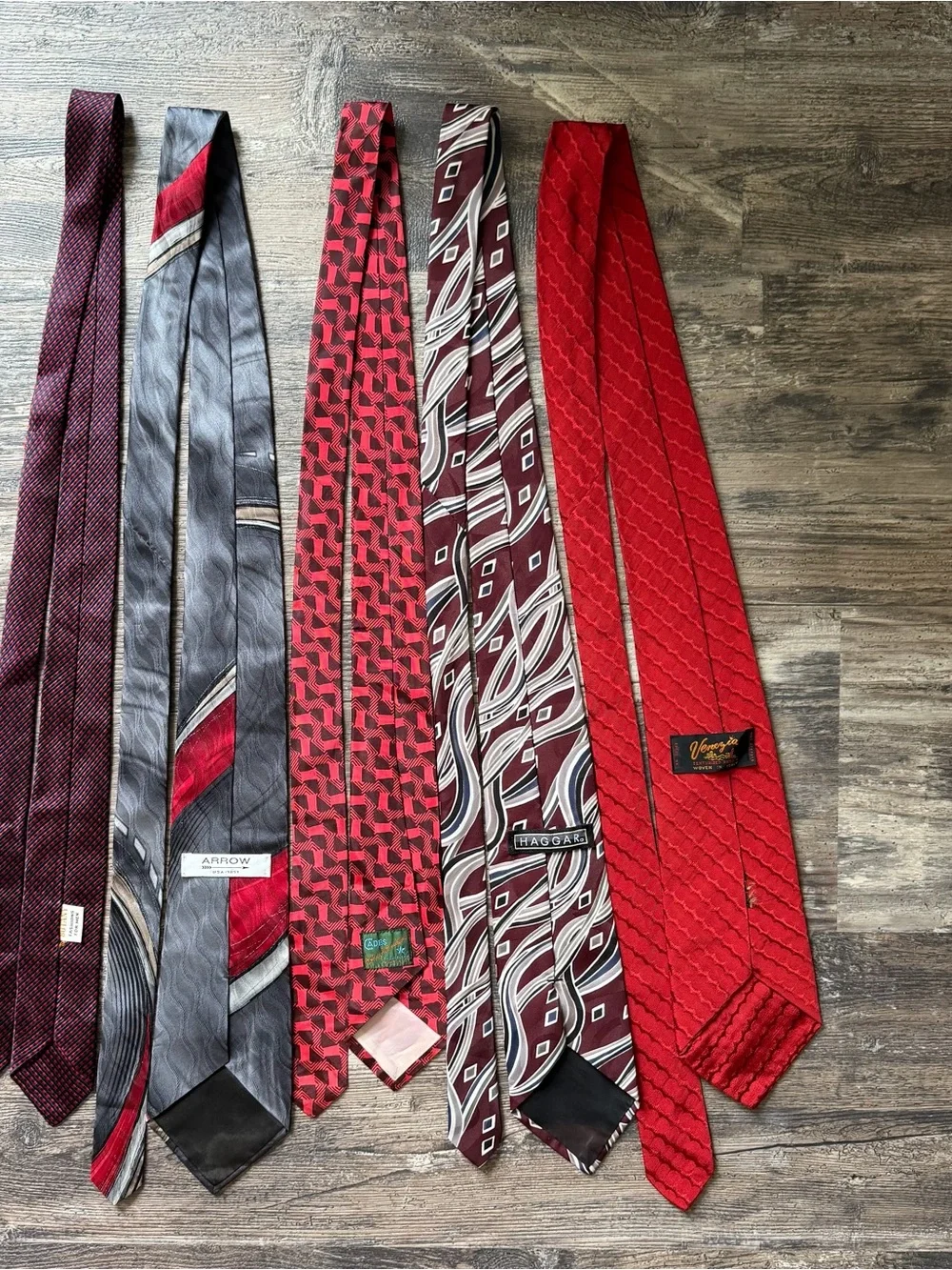 Lot of 6 red themed men’s classic neck ties Hagger Arrow Adolfo, Venezia, Botany